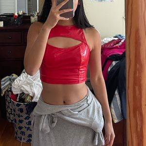 RED FAUX LEATHER CROP TOP